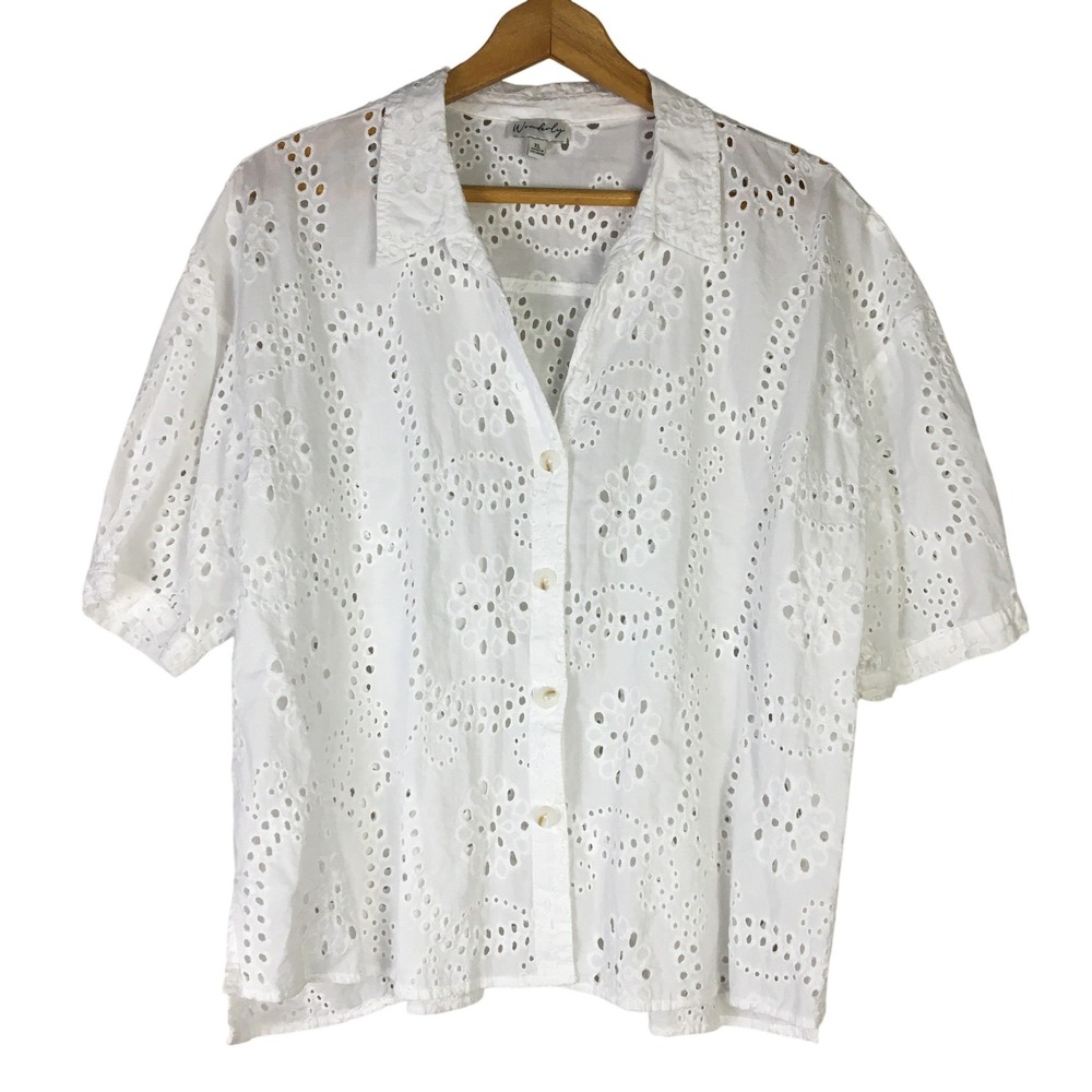 Wonderly White Eyelet Cotton Button Up Shirt Top Size XL